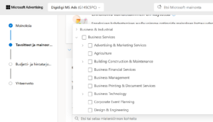 Business services kohdistus Microsoft Adsissa